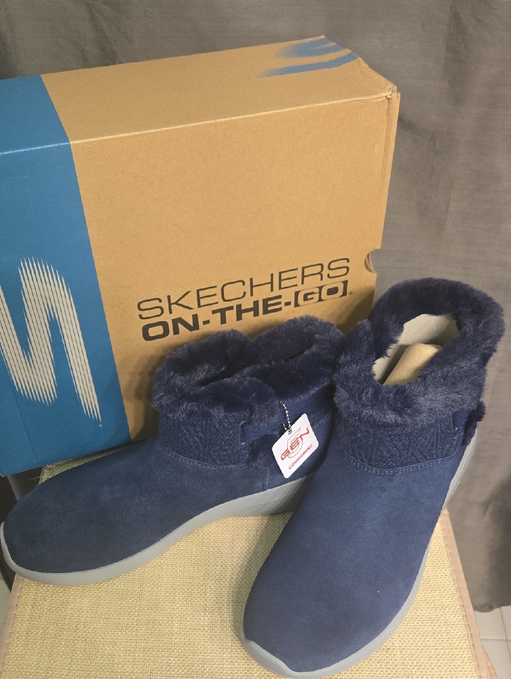 Skechers Navy Faux-Fur Slip-On Suede Booties